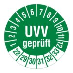 Grünes UVV-Prüfsiegel als Nachweis einer erfolgreich durchgeführten Sicherheitsprüfung für Mietgeräte