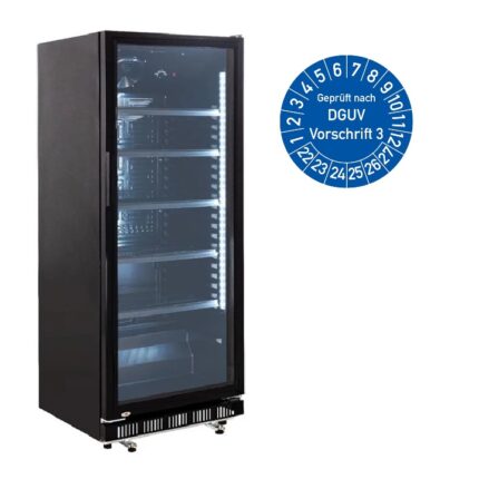 Getränkekühlschrank 360 Liter mit Glastür, Innenbeleuchtung und abschließbarer Tür zur Miete für Events, Messen und Gastronomie.