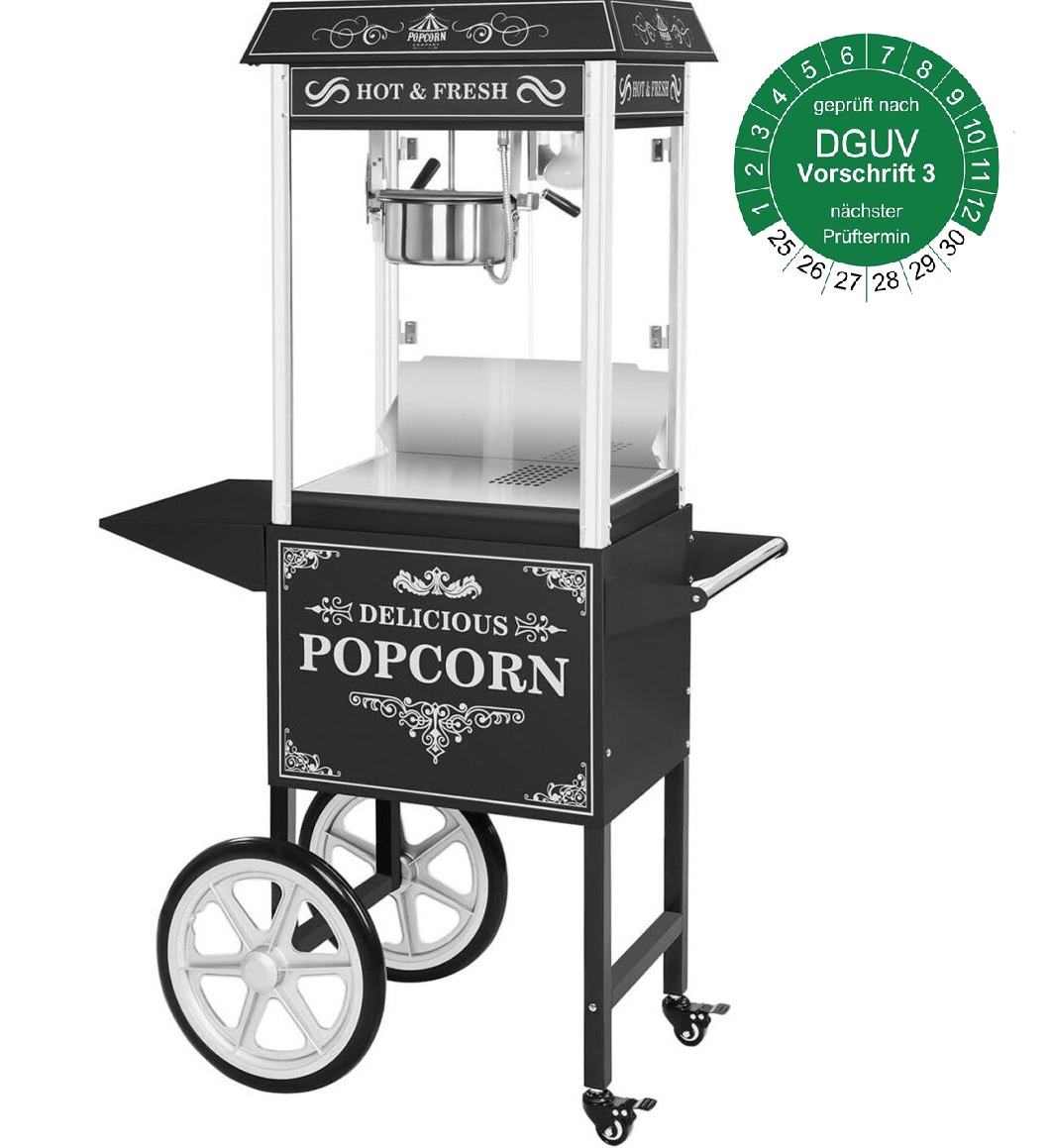 Popcornmaschine mit Wagen mieten – Retro-Popcornmaschine für Events Popcornmaschine mit Wagen im Retro-Design für Events, Hochzeiten und Firmenfeiern zur Miete