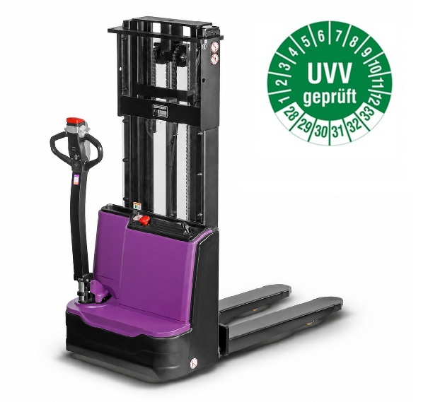 Elektro-Hochhubwagen – UVV geprüft Elektrischer Hochhubwagen mit violett-schwarzem Gehäuse und grüner UVV-geprüft-Plakette.